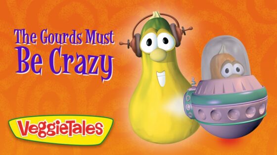 VeggieTales promo: 'The Gords Must Be Crazy' with a yellow gourd wearing headphones beside a space pod on an orange background.