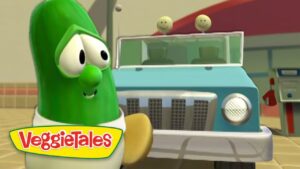 Larry the cucumber, a VeggieTales character, stands beside a light blue jeep in a sunny outdoor scene with the VeggieTales logo in the corner.