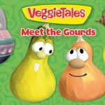 VeggieTales meet the gourds: five friendly animated vegetables with big eyes on a green patterned background, title at top.