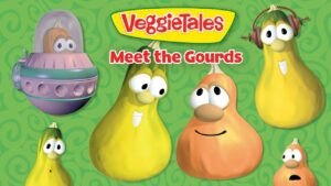 VeggieTales meet the gourds: five friendly animated vegetables with big eyes on a green patterned background, title at top.