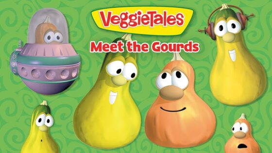 VeggieTales meet the gourds: five friendly animated vegetables with big eyes on a green patterned background, title at top.