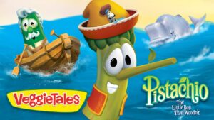 VeggieTales poster featuring Pistachio the carrot with a boat and a whale in the ocean