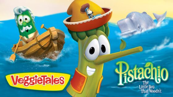 VeggieTales poster featuring Pistachio the carrot with a boat and a whale in the ocean