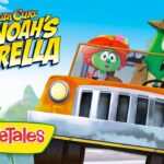 Promo image for VeggieTales: Minnesota Cure and the Search for Noah's Umbrella, with two veggie characters driving an orange jeep under a bright blue sky.