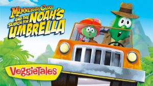 Promo image for VeggieTales: Minnesota Cure and the Search for Noah's Umbrella, with two veggie characters driving an orange jeep under a bright blue sky.