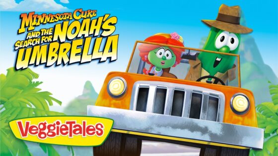 Promo image for VeggieTales: Minnesota Cure and the Search for Noah's Umbrella, with two veggie characters driving an orange jeep under a bright blue sky.