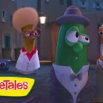 Three VeggieTales characters in tuxedos stand in a dim alley at night, with a boombox on the ground nearby.