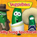 VeggieTales cover featuring seven green VeggieTales characters in cowboy, safari, and pirate outfits on an orange background with 'Silly Song Spectacular' text.