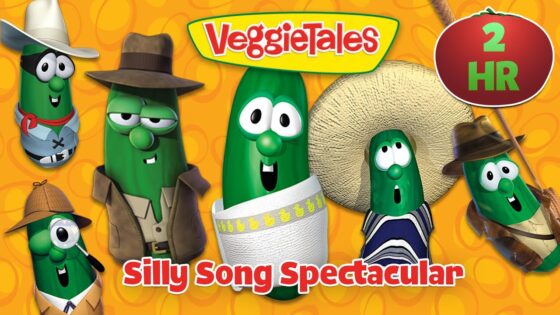 VeggieTales cover featuring seven green VeggieTales characters in cowboy, safari, and pirate outfits on an orange background with 'Silly Song Spectacular' text.