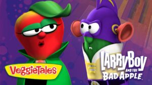Promo image showing a red VeggieTales tomato character with a green cape and LarryBoy from 'LarryBoy and the Bad Apple' against a purple background, with the VeggieTales logo visible.