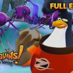 Cartoon penguin in an orange suit holds a sandwich while purple spiders loom behind on an icy backdrop;