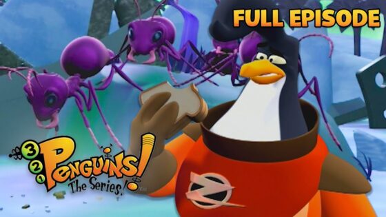 Cartoon penguin in an orange suit holds a sandwich while purple spiders loom behind on an icy backdrop;