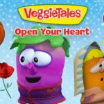 VeggieTales Open Your Heart thumbnail with colorful veggie characters, a rose, and a 90 mins badge against a blue, snowy background.
