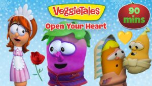 VeggieTales Open Your Heart thumbnail with colorful veggie characters, a rose, and a 90 mins badge against a blue, snowy background.