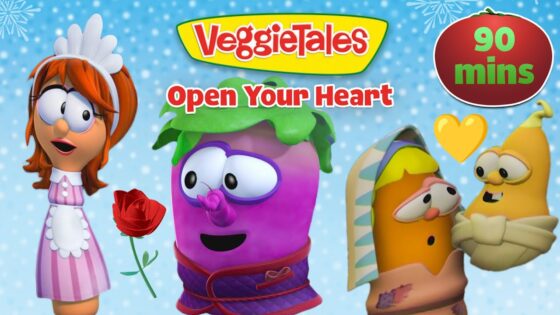 VeggieTales Open Your Heart thumbnail with colorful veggie characters, a rose, and a 90 mins badge against a blue, snowy background.