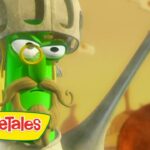 Cartoon green VeggieTales character in a knight helmet with a monocle and mustache, holding a sword; logo visible at the bottom left.