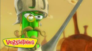 Cartoon green VeggieTales character in a knight helmet with a monocle and mustache, holding a sword; logo visible at the bottom left.