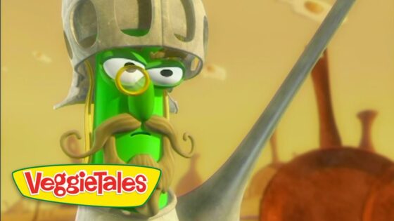 Cartoon green VeggieTales character in a knight helmet with a monocle and mustache, holding a sword; logo visible at the bottom left.