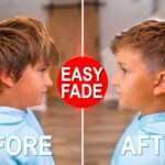 Side-by-side before and after: a boy with longer hair on the left and a short fade on the right, centered by a red 'EASY FADE' circle; text labels 'BEFORE' and 'AFTER' at the bottom.