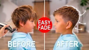 Side-by-side before and after: a boy with longer hair on the left and a short fade on the right, centered by a red 'EASY FADE' circle; text labels 'BEFORE' and 'AFTER' at the bottom.