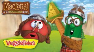 VeggieTales thumbnail: a red veggie with a mustache and helmet next to a green veggie wearing glasses, holding a cheese wedge on a stick in a sunny field, with 'MacTarry & The Stinky Cheese Battle' title.