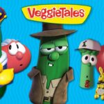Group of VeggieTales vegetables in costumes on a bright blue background with a red '60 mins' badge at the top right.