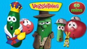 Group of VeggieTales vegetables in costumes on a bright blue background with a red '60 mins' badge at the top right.