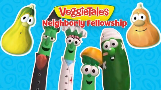 Cartoon vegetables with the title 'VeggieTales Neighborly Fellowship' on a blue patterned background.