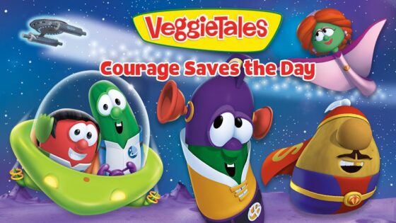 VeggieTales Courage Saves the Day poster: bright space scene with smiling veggie characters and the logo.