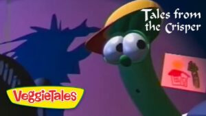 Green veggie with a yellow hat looks at a pink poster on a purple wall; VeggieTales 'Tales from the Crisper' title visible in the corner.