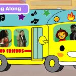 Bright yellow cartoon school bus with a smiling front, passengers inside waving and singing, 'CJ and Friends' on the side and a 'Sing Along' banner at the top.