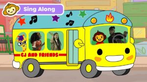 Bright yellow cartoon school bus with a smiling front, passengers inside waving and singing, 'CJ and Friends' on the side and a 'Sing Along' banner at the top.
