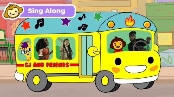 Bright yellow cartoon school bus with a smiling front, passengers inside waving and singing, 'CJ and Friends' on the side and a 'Sing Along' banner at the top.