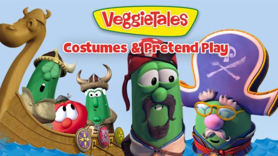 VeggieTales characters dressed as pirates and sailors in a boat with the title 'Costumes & Pretend Play' thumbnail image