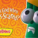 VeggieTales cover: a green, scared-looking veggie with a yellow hat on an orange swirled background; title reads 'Where's God When I'm Scared?'
