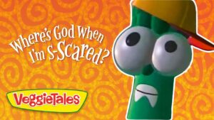 VeggieTales cover: a green, scared-looking veggie with a yellow hat on an orange swirled background; title reads 'Where's God When I'm Scared?'