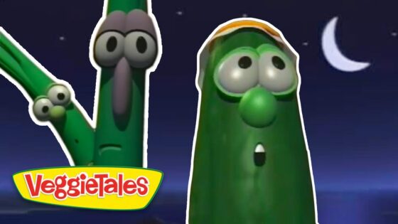 Two green vegetable characters with surprised expressions at night, VeggieTales logo visible in the corner.
