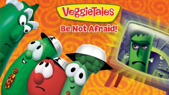 VeggieTales Be Not Afraid! promo: four animated vegetables look alarmed as a grim green figure appears on a monitor.