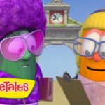 Two VeggieTales characters with large glasses consult a clipboard in a sunny park, VeggieTales logo visible in the corner.