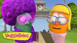 Two VeggieTales characters with large glasses consult a clipboard in a sunny park, VeggieTales logo visible in the corner.