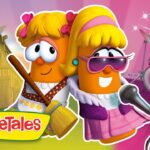 VeggieTales cartoon vegetables performing on a stage with a microphone and a drummer in the pink background.