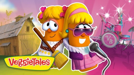 VeggieTales cartoon vegetables performing on a stage with a microphone and a drummer in the pink background.