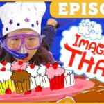Child wearing a snorkel and goggles beside a row of colorful cupcakes with a bold 'Imagine That!' cloud and an 'EPISODE' banner in yellow at the top for a kids' show thumbnail.