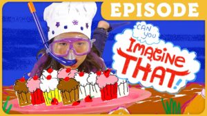 Child wearing a snorkel and goggles beside a row of colorful cupcakes with a bold 'Imagine That!' cloud and an 'EPISODE' banner in yellow at the top for a kids' show thumbnail.