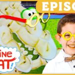 Bright kids' episode thumbnail: smiling boy in a lab coat and yellow glasses beside a playful banana-or-chains background with an EPISODE banner and 'Imagine That!' logo.
