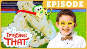 Bright kids' episode thumbnail: smiling boy in a lab coat and yellow glasses beside a playful banana-or-chains background with an EPISODE banner and 'Imagine That!' logo.