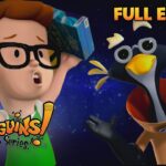 Thumbnail: boy with glasses holds a blue box above his head beside a surprised penguin; 'FULL EPISODE' banner.