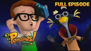 Thumbnail: boy with glasses holds a blue box above his head beside a surprised penguin; 'FULL EPISODE' banner.