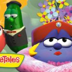 Purple veggie wearing a red hat and pink scarf sits center, with a green cucumber in a tuxedo and a red onion nearby in a bright VeggieTales scene.