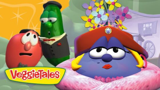 Purple veggie wearing a red hat and pink scarf sits center, with a green cucumber in a tuxedo and a red onion nearby in a bright VeggieTales scene.